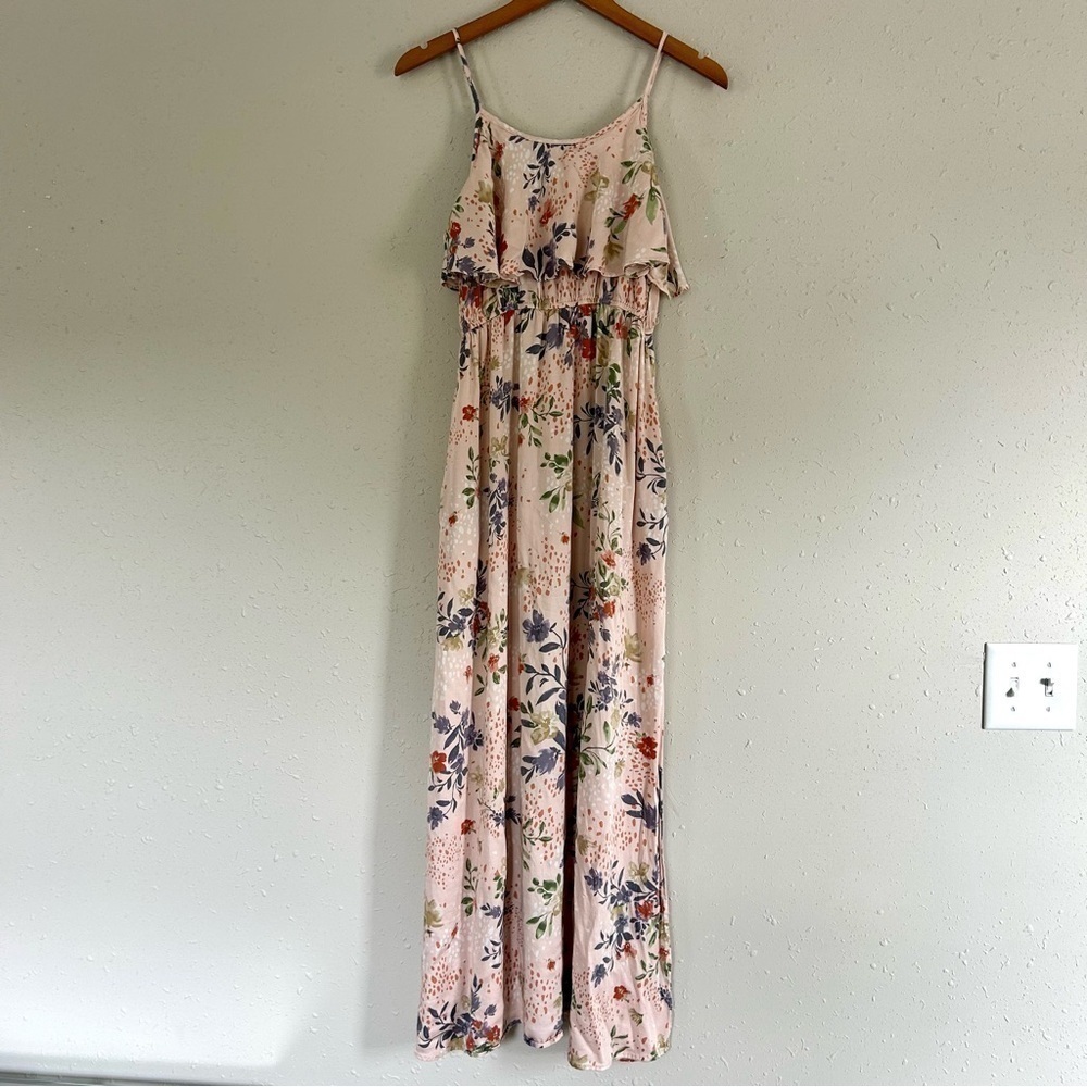 🦋 Promesa Pink Floral Maxi Dress Leg Slit Small Ruffle